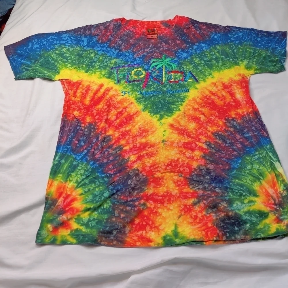 Bright Rainbow Tie Dye Tee Shirt T-shirt Florida Embroidery Sz Large